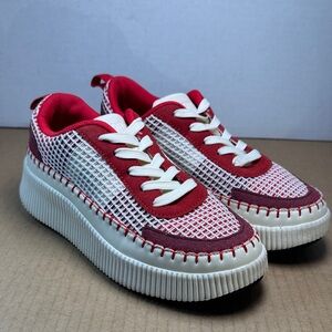 Women's Lucky Step Red White Mesh Chunky Sweater Platform Sneakers Shoes, sz 6